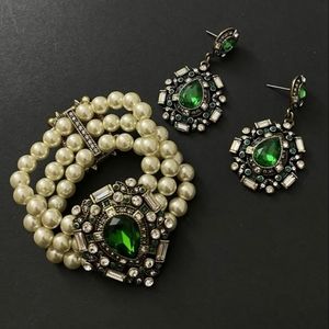 NEW HEIDI DAUS "Dazzling Decade"  Faux Pearl Bracelet Earrings Set/Emerald Stone